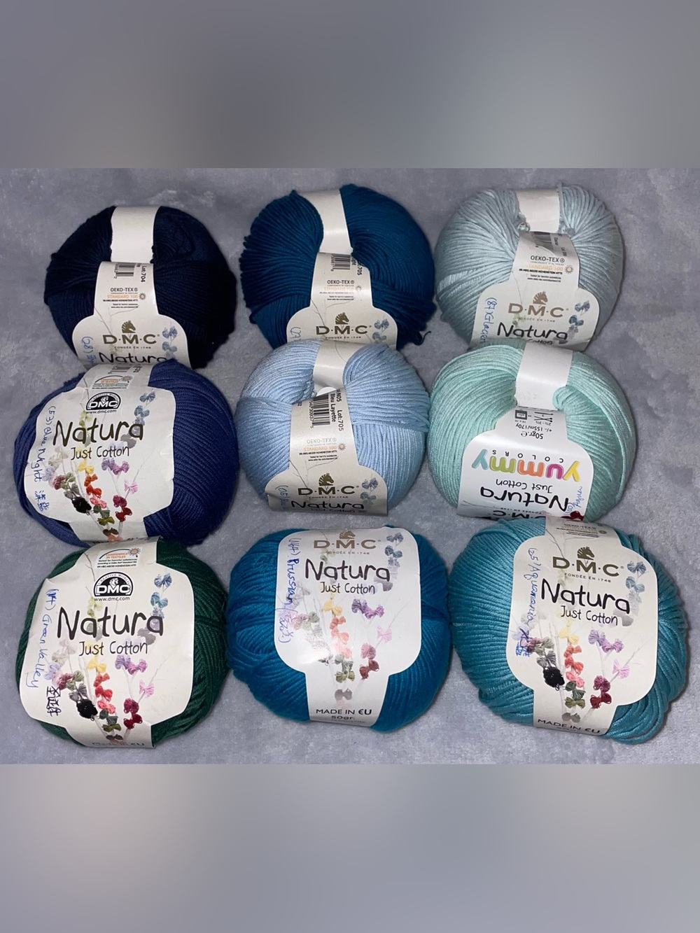 DMC NWT Natura Just Cotton Yarn Lot of 9 Skiens Balls 50g 170yd Blue & Green Hue - Picture 3 of 7